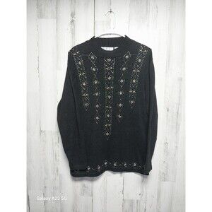 Vintage OHI Sweater Women  Medium Black 90s Floral Beaded Tunic